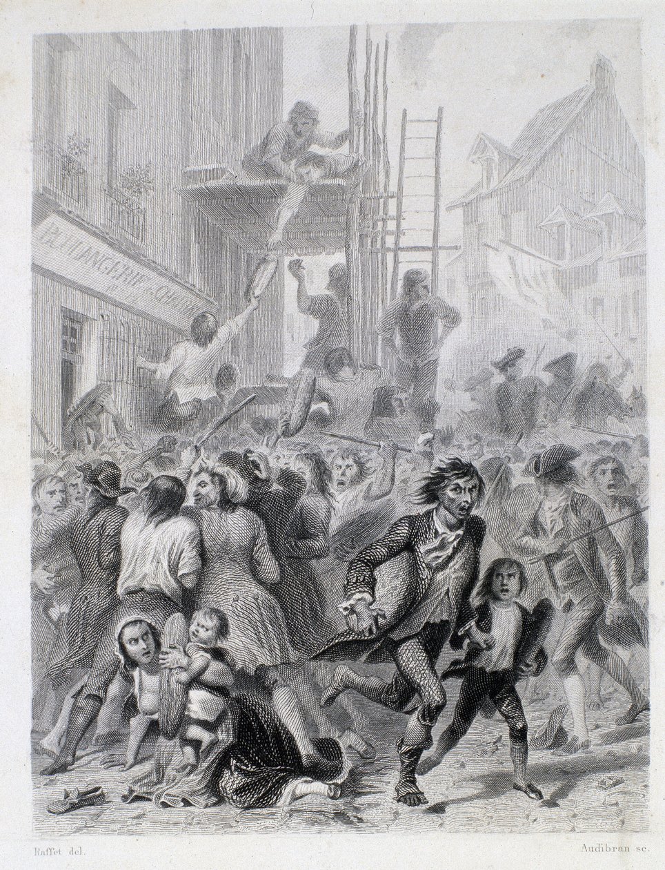 Wojna mączna: zamieszki przed piekarnią w maju 1775 r. (pierwsze owoce rewolucji francuskiej) autorstwa French School