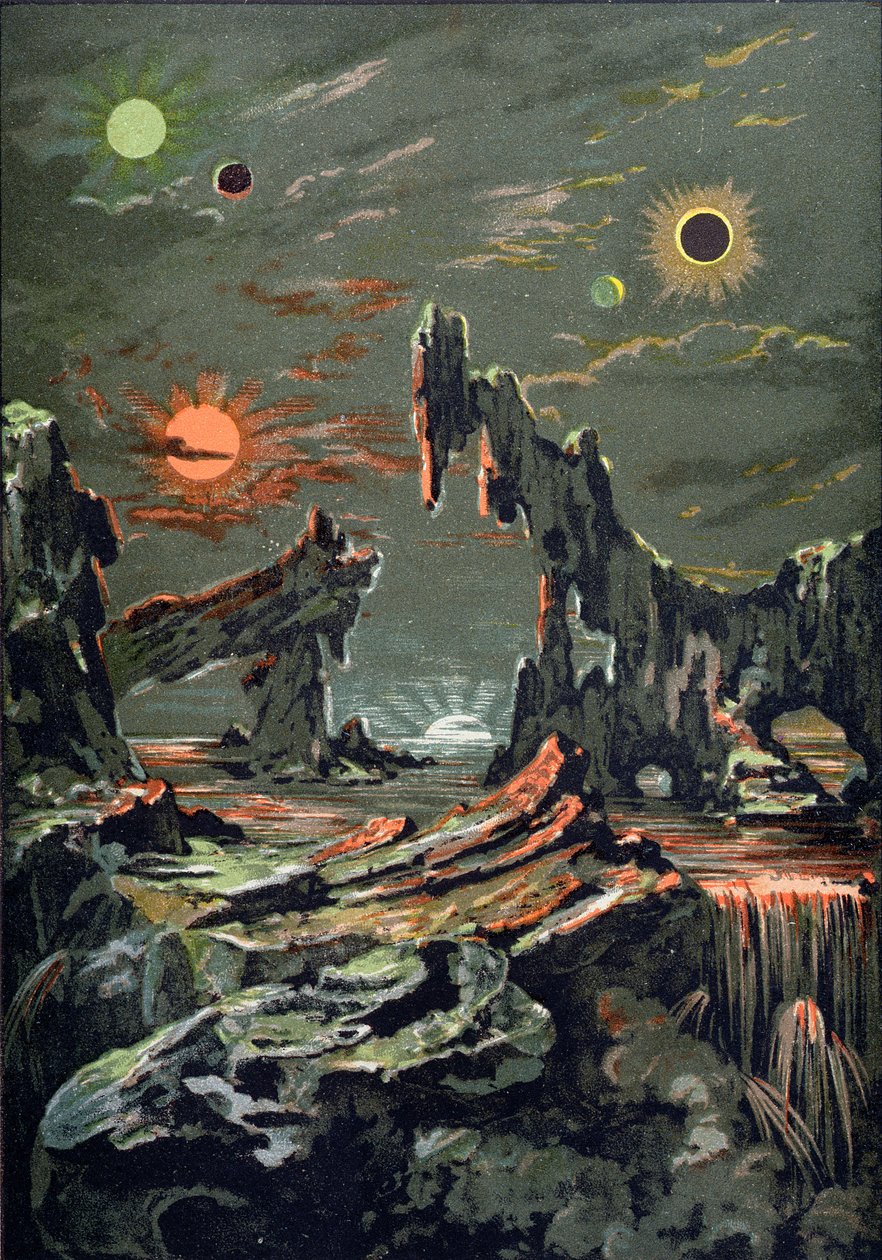 Świat czterech księżyców i czterech słońc, ilustracja z Astronomie Populaire napisana przez Camille Flammarion (1842-1925) 1881 autorstwa French School