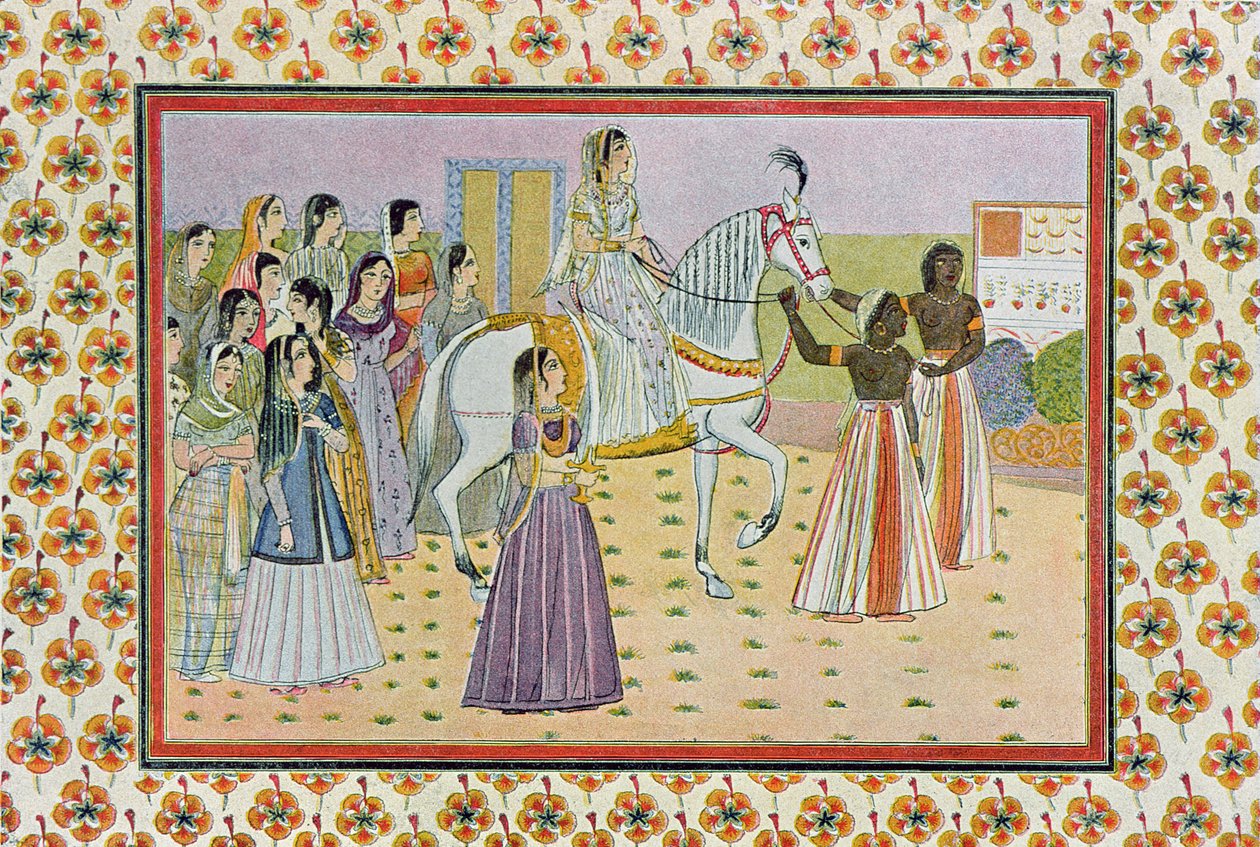 Młoda dziewczyna o księżycowej twarzy jadąca na białym koniu, ilustracja z Arabian Nights, 1895 (kolorowa grawerunek) autorstwa French School