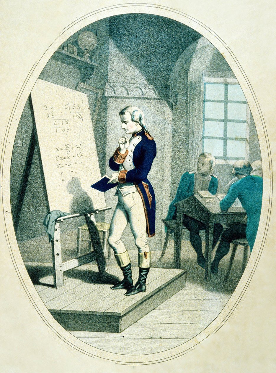 Młody Napoleon w Akademii Wojskowej w Brienne we Francji, 1779 (kolorowa rycina) autorstwa French School