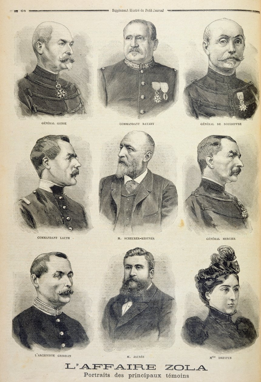 Afera Zoli: portrety głównych świadków, ilustracja z ilustrowanego dodatku Le Petit Journal, 27.02.1898 (lito) autorstwa French School