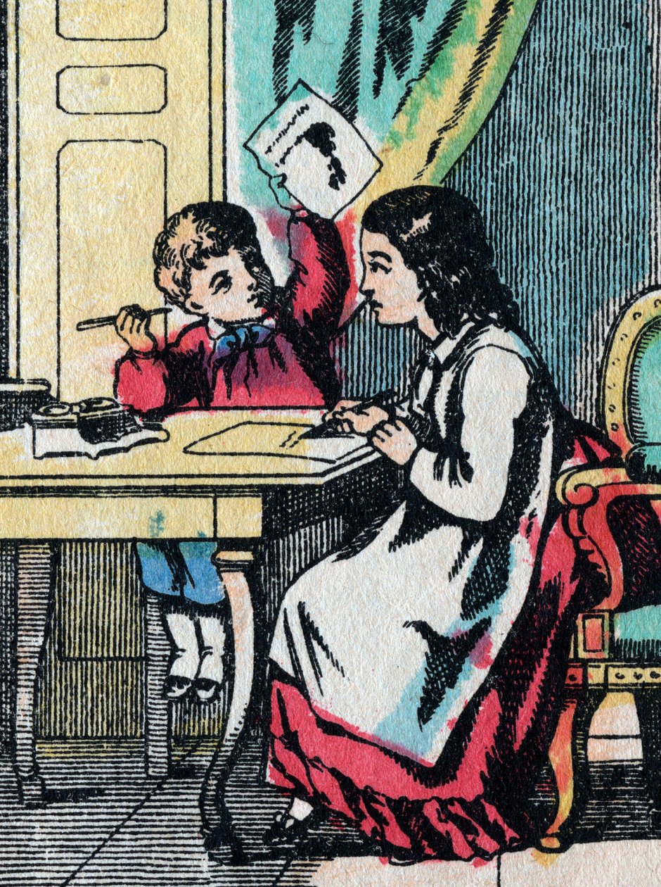 Zajęcia dla dziewczynek z dobrych rodzin: pomoc młodszemu bratu w odrabianiu lekcji - Obraz epinal - XIX wiek (grafika) autorstwa French School