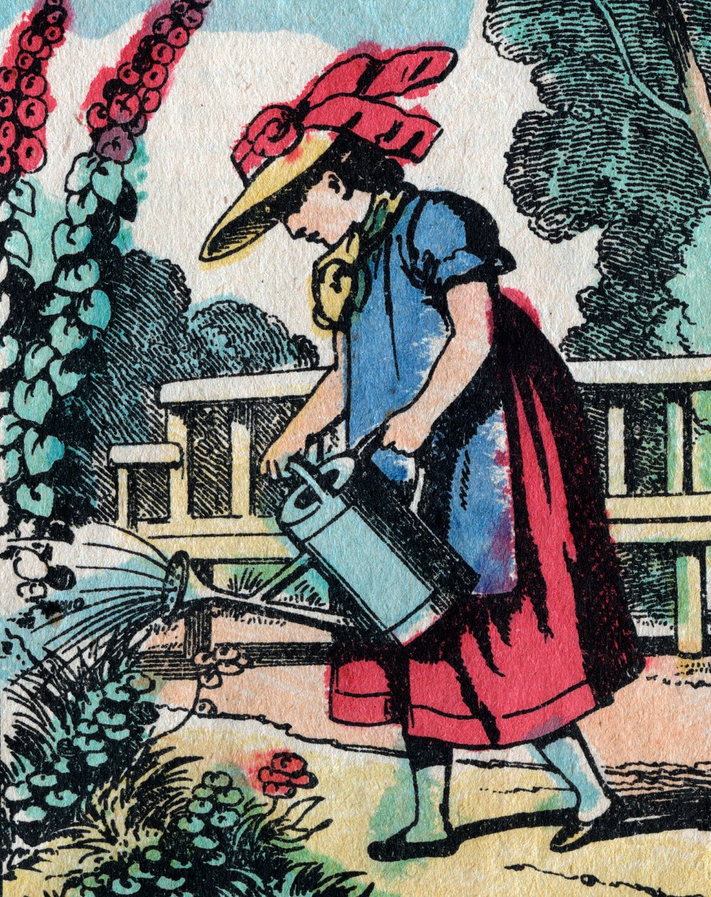 Zajęcia dla dziewczynek z dobrych rodzin: nauka ogrodnictwa - Obraz Epinal - XIX w. (grafika) autorstwa French School