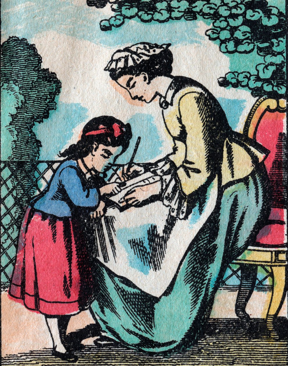Zajęcia dla dziewcząt z dobrych rodzin: lekcja czytania - Obraz epinal - XIX w. (rycina) autorstwa French School