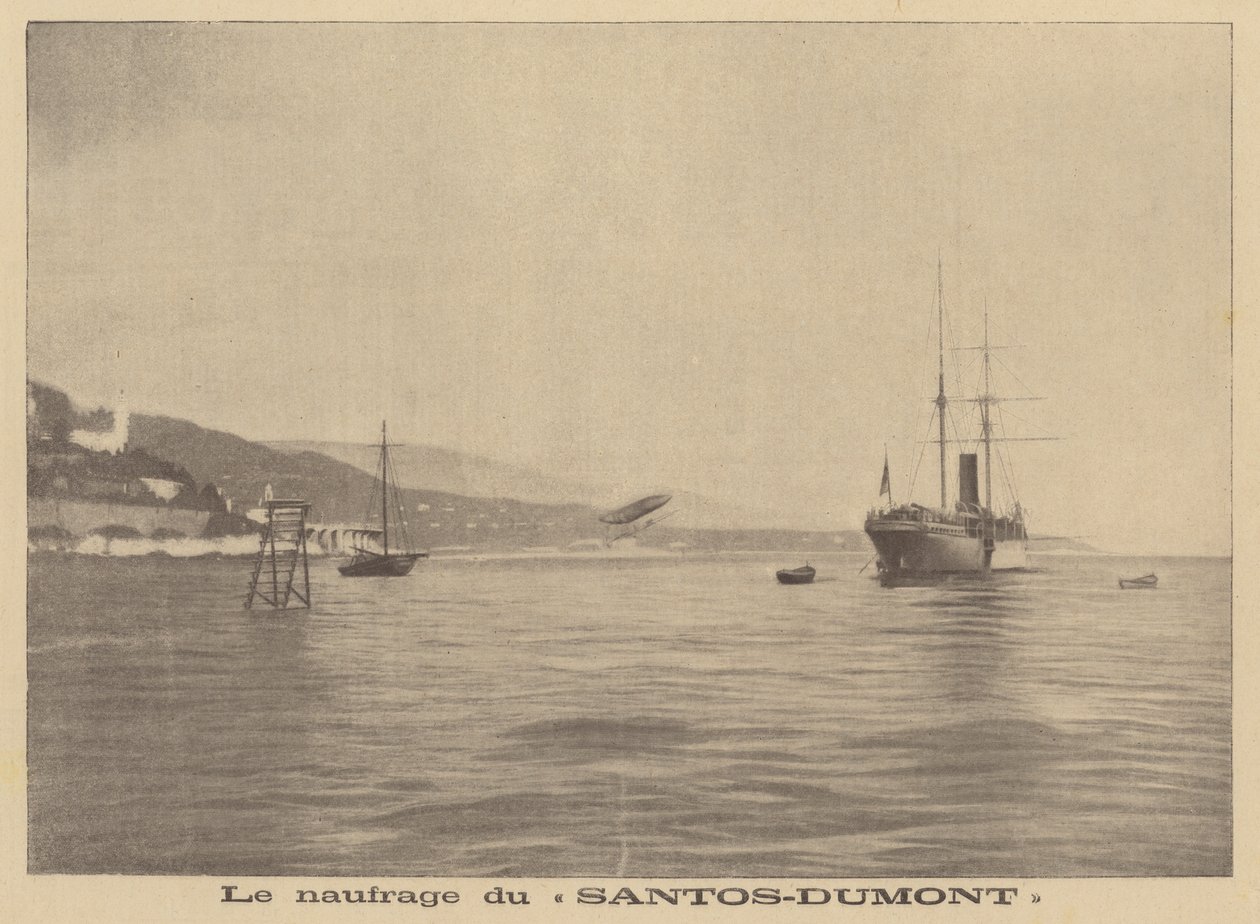 Sterowiec Alberto Santosa-Dumonta rozbijający się o Morze Śródziemne (litografia) autorstwa French School