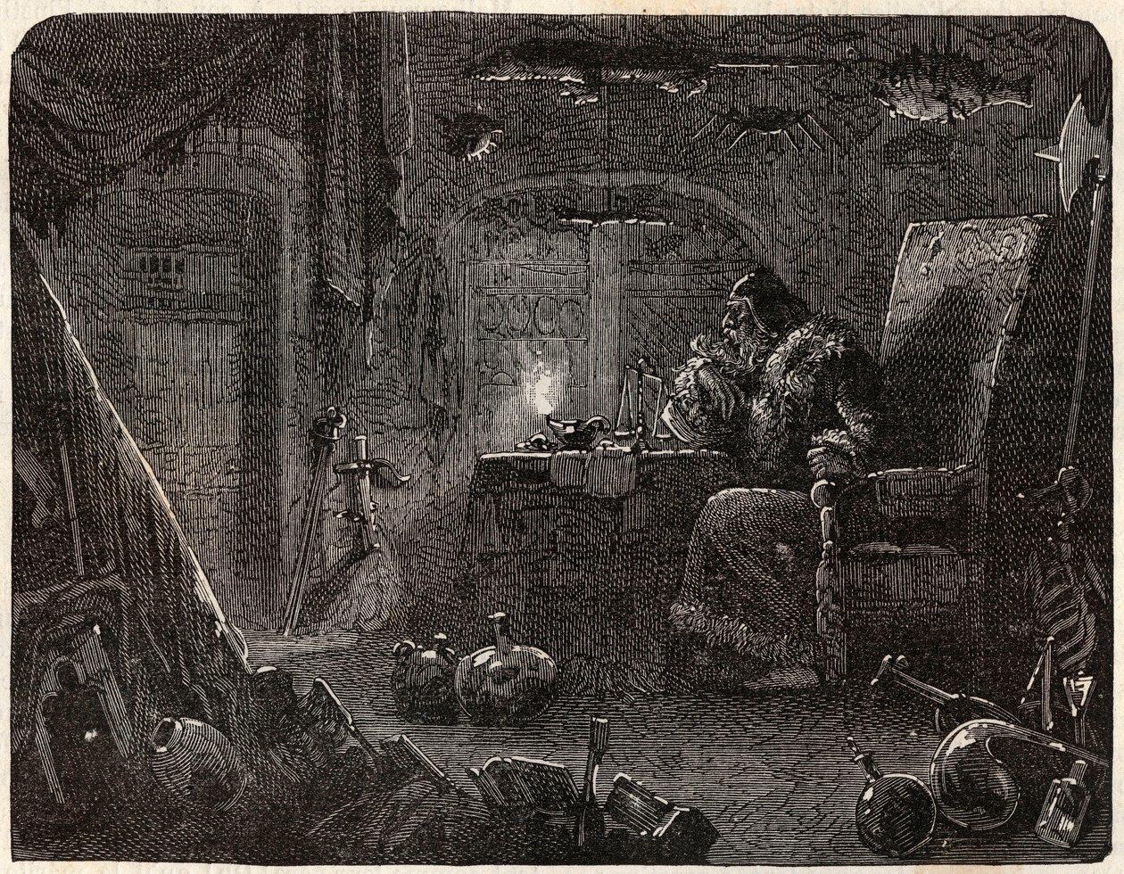 Alchemik, który obiecał zrobić złoto, pracuje w swoim laboratorium: Alchemik w XVII wieku - w „Paris a travers les cules” Nicolasa Julesa Henri Gourdona de Kennouillaca (1826-1898) autorstwa French School