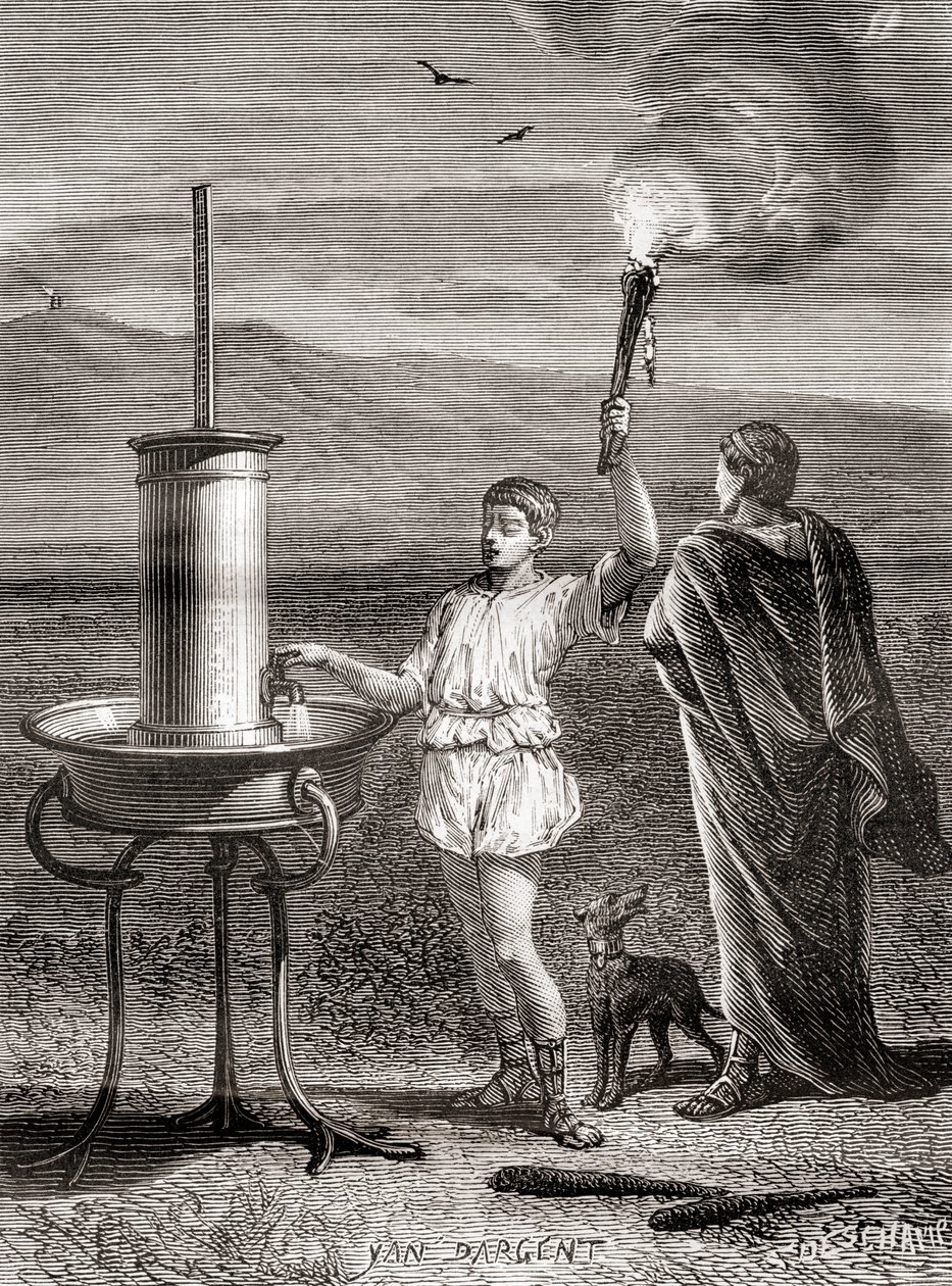 Starożytny grecki system semaforów hydraulicznych używany przez Eneasza do wysłania wiadomości z IV wieku p.n.e. z Les Merveilles de la Science, opublikowany ok. 1870 r. (rycina) autorstwa French School