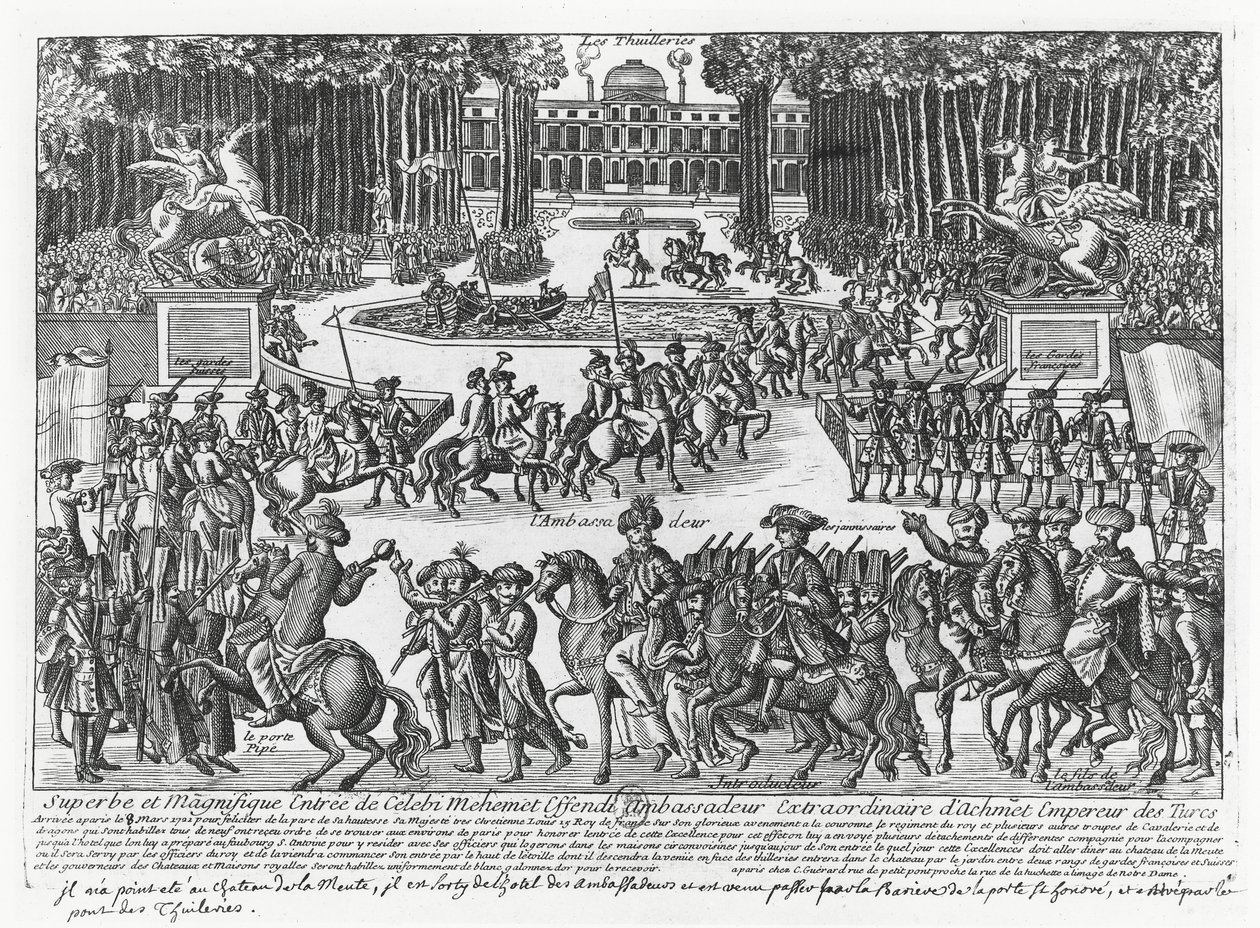 Przybycie do Tuileries Mehmeda Celebi Efendi, ambasadora tureckiego sułtana Ahmeda III na przyjęcie Ludwika XV w 1721 r. (rycina) autorstwa French School