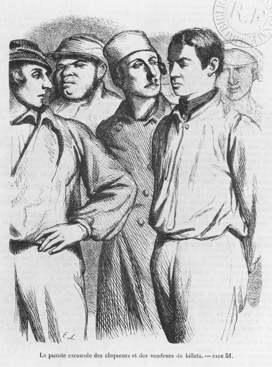 Arogancki oddział wynajętych oklaskujących i sprzedających bilety, ilustracja z "Les Illusions perdues" Honore de Balzaca. autorstwa French School