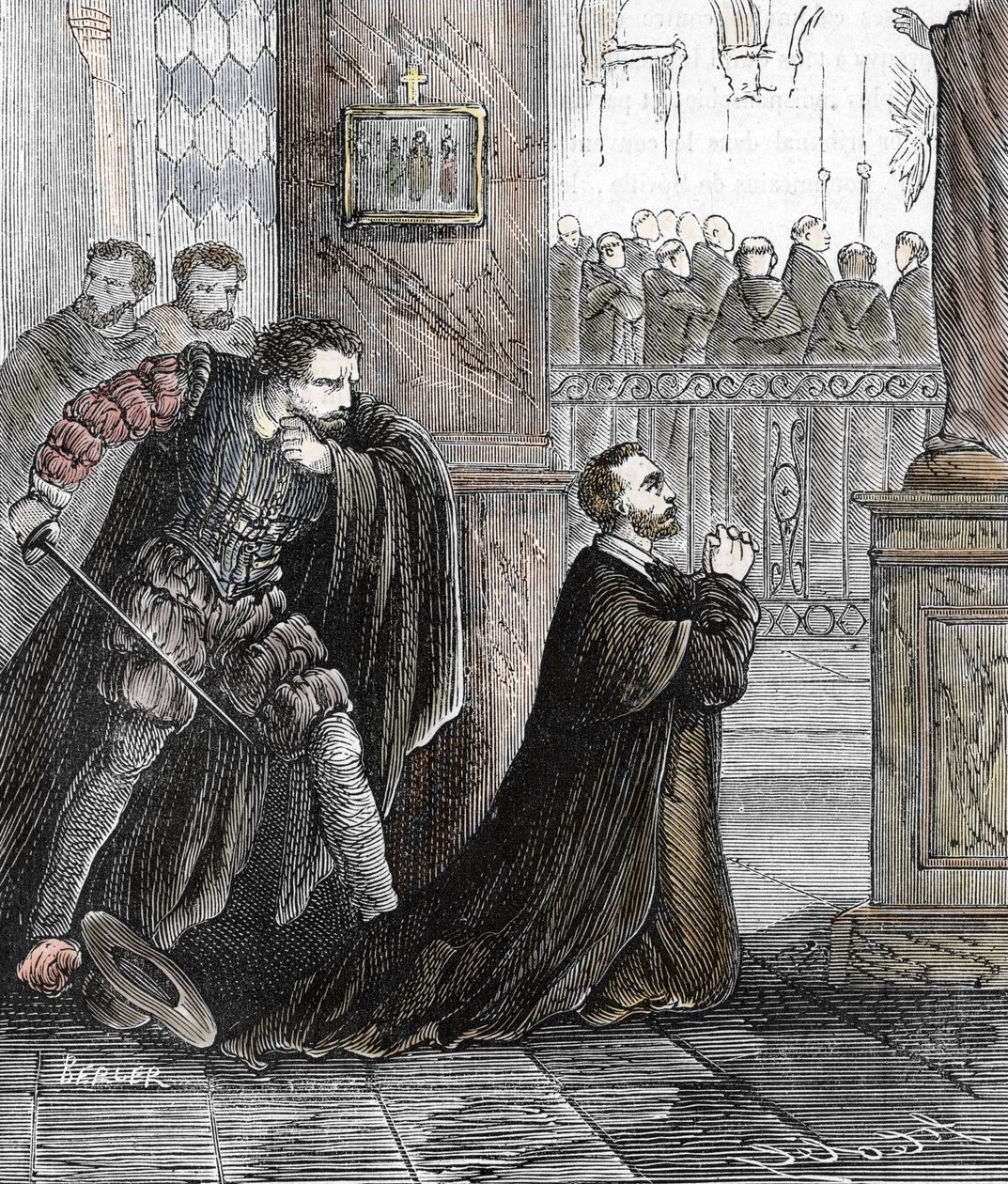 Zabójstwo inkwizytora Pedro de Arbues (1441-1485) w dniu 17.09.1485 w katedrze w Saragossie w Hiszpanii (Urzędnik hiszpańskiej inkwizycji Pedro de Arbues zamordowany w katedrze La Seo w Saragossie w 1485 r. konwersacje autorstwa French School