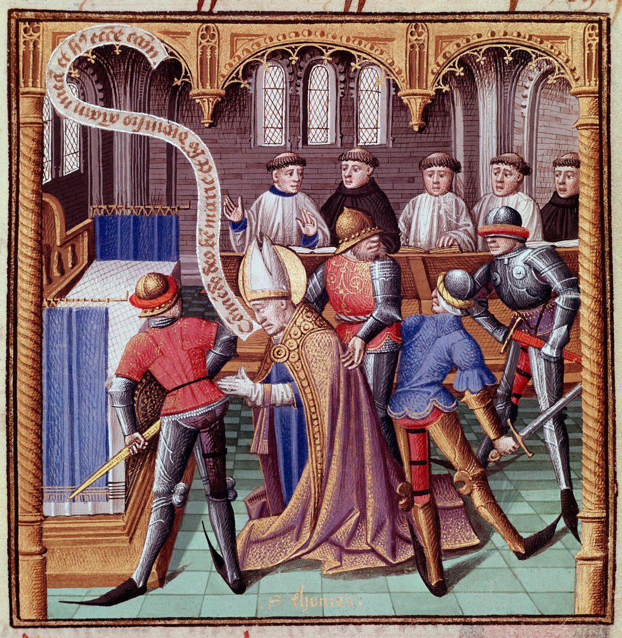 Zabójstwo Tomasza Becketa w 1170 r. (Assassination of Saint Thomas of Canterbury) Miniatura zaczerpnięta z "Le miroir historial" (Speculum Historiale) autorstwa Vincenta de Beauvais (1190-1264) przetłumaczonego na język francuski przez Jeana de Vignay. autorstwa French School