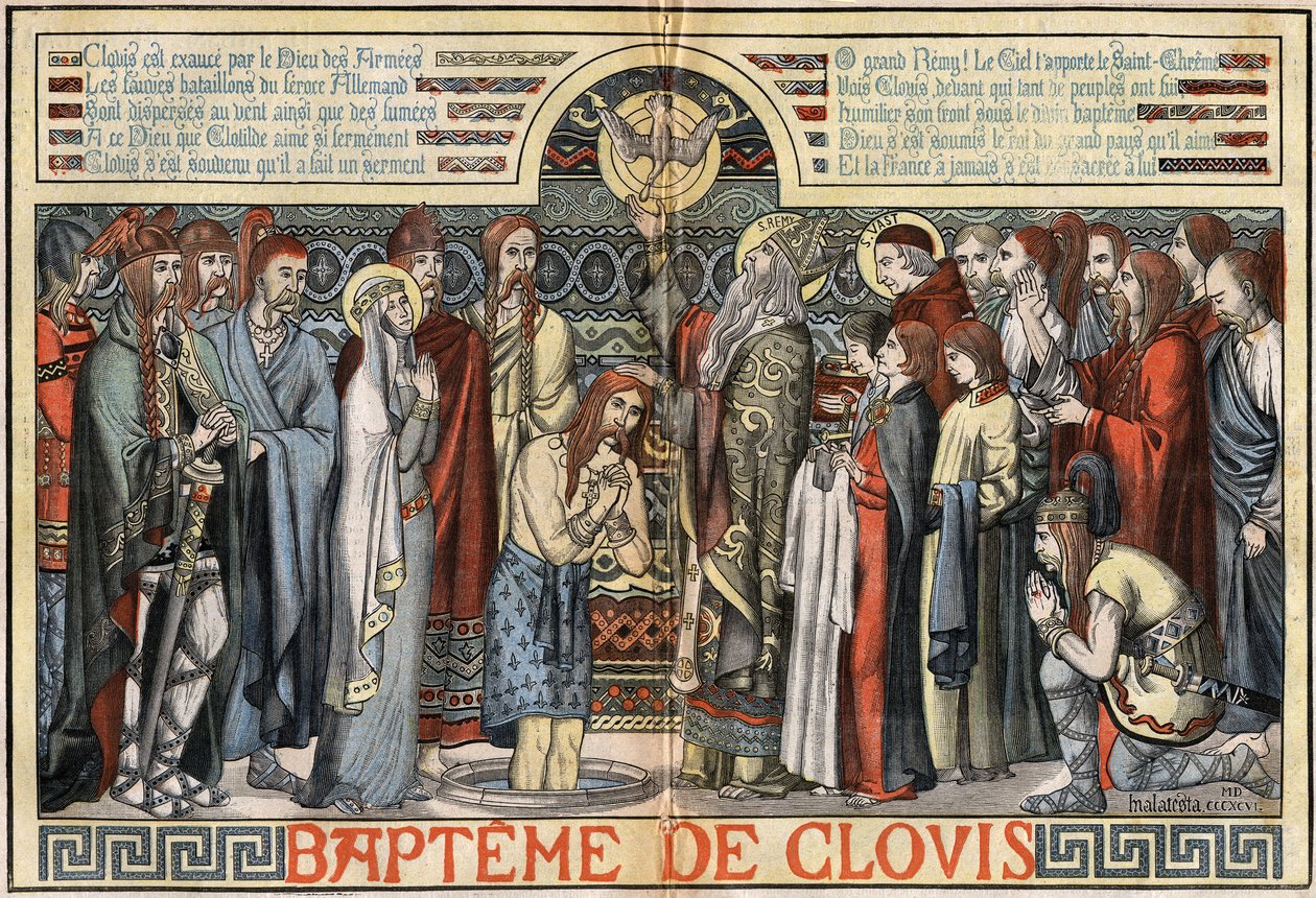 Chrzest Clovis 1st (466-511) w Reims, 25 grudnia 496 r. ilustracja MALATESTY (MALTESTE Henri Theodore) w „Le Pelerin” z 23 sierpnia autorstwa French School