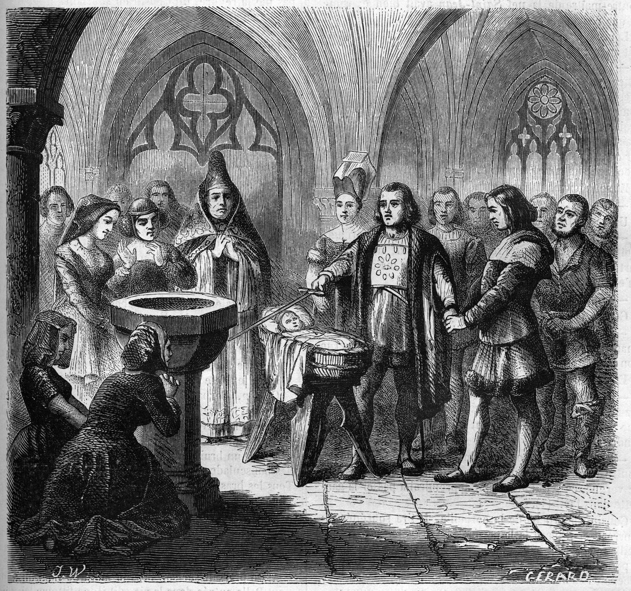 Chrzest Jana (Jehan) Ango (1488-1551), przyszłego nawigatora, w kościele św. Remi w Dieppe. Grawerowanie z lat 1865-1866. autorstwa French School
