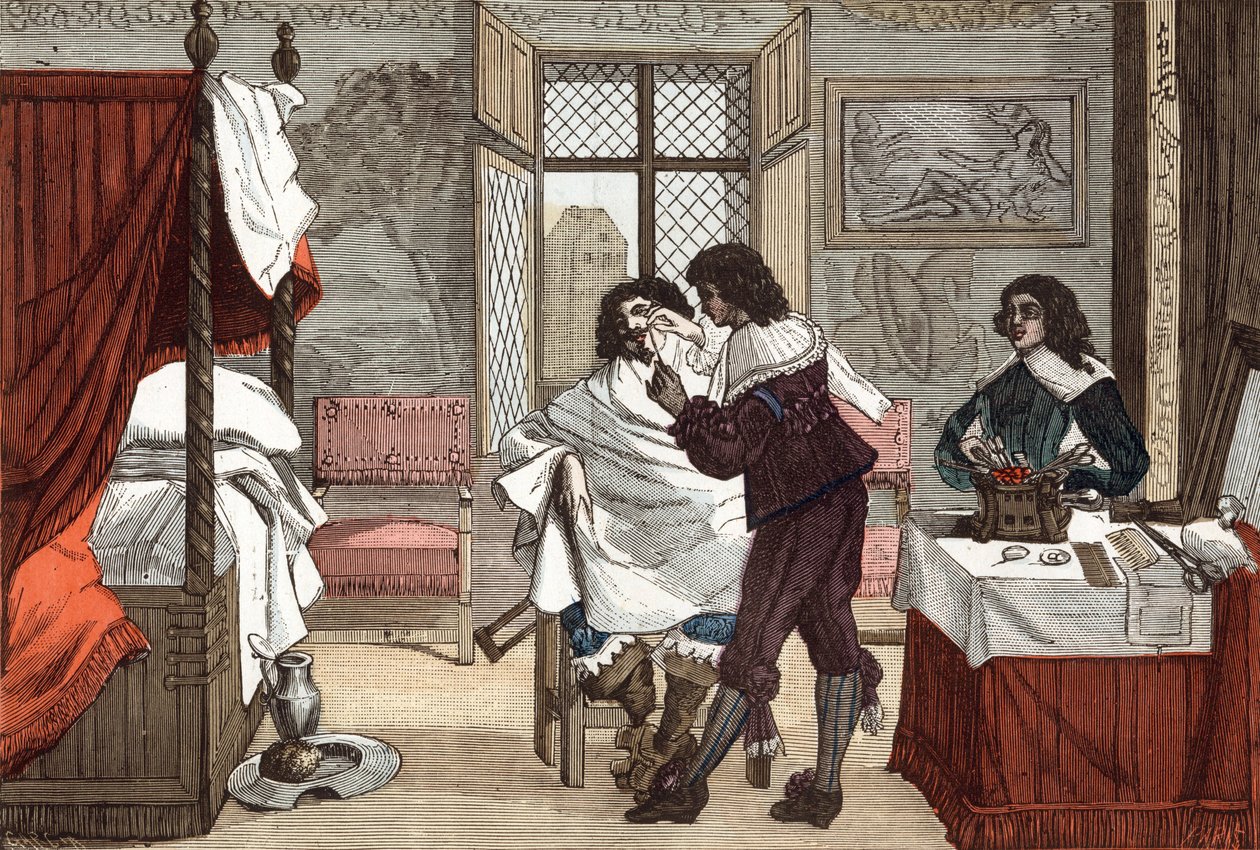 Cyrulik, Francja, rycina Abraham Bosse (1604-1676), ok. 1640, rycina z „Paris a travers les siecles” tom V autorstwa French School