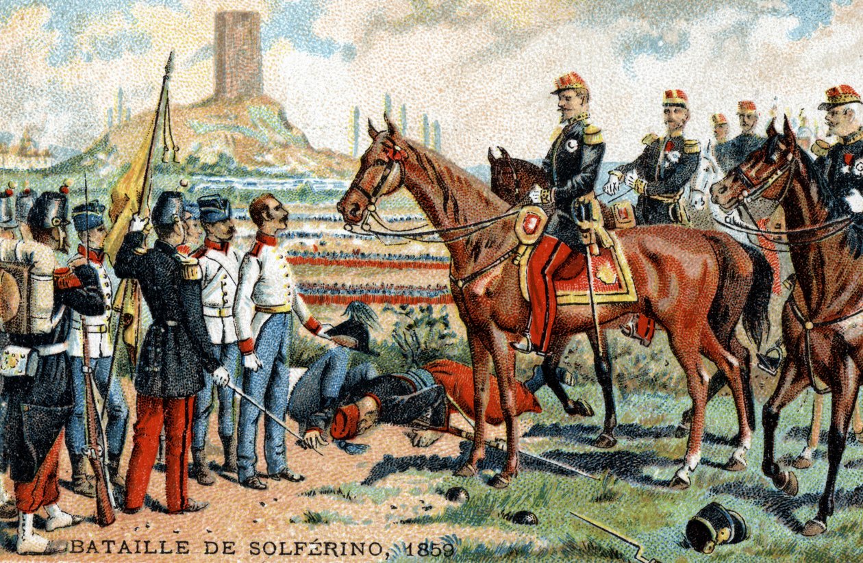 Bitwa pod Solferino (Włochy) między armią francusko-sardyńską (zwycięzcy) i austriacką (pokonani) w 1859 r. Chromolitografia z XIX wieku. autorstwa French School