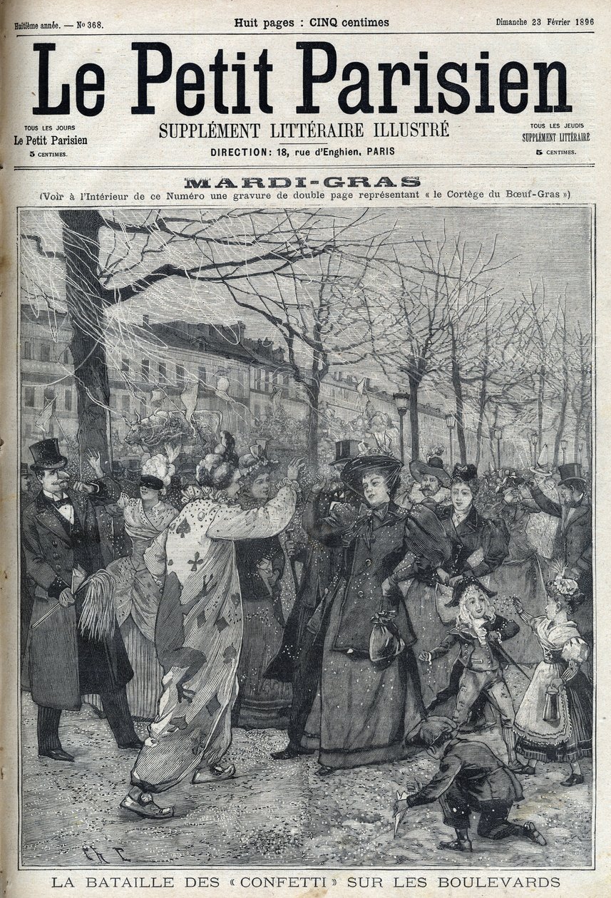 Bitwa konfetti na paryskim bulwarze podczas Mardi Gras (Mardi-Gras). Grawer w „Le petit Parisien”” autorstwa French School