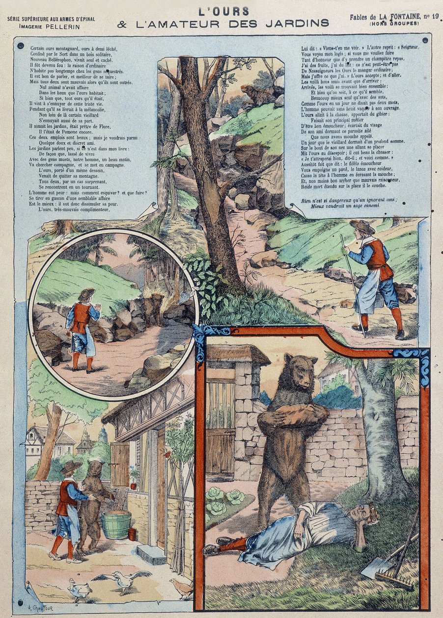 Niedźwiedź i miłośnik ogrodu - Fables de La Fontaine na obrazach Epinal autorstwa French School