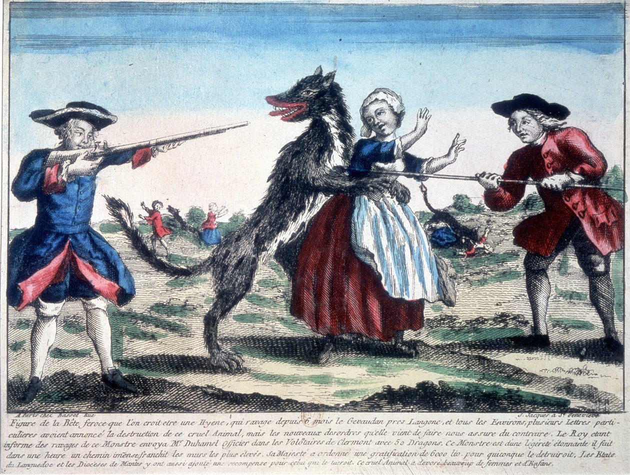 Bestia z Gevaudan zabita przez żołnierzy autorstwa French School