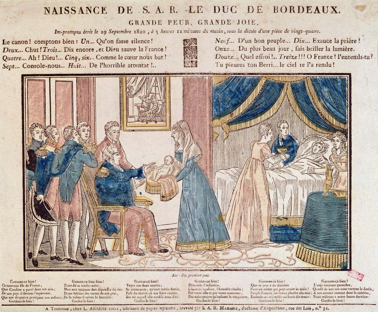 Narodziny Henri Charles Ferdinand Marie Dieudonne de France, Duc de Bordeaux, Comte de Chambord w dniu 29 września 1820 r. (kolorowe drzeworyty) autorstwa French School