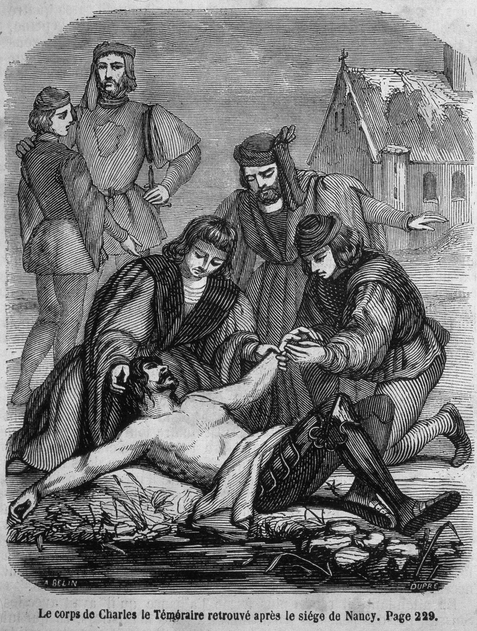 Ciało Karola Śmiałego (1433 - 1477) odnalezione po oblężeniu Nancy - w „Histoire de France” L.-P. Anquetil autorstwa French School
