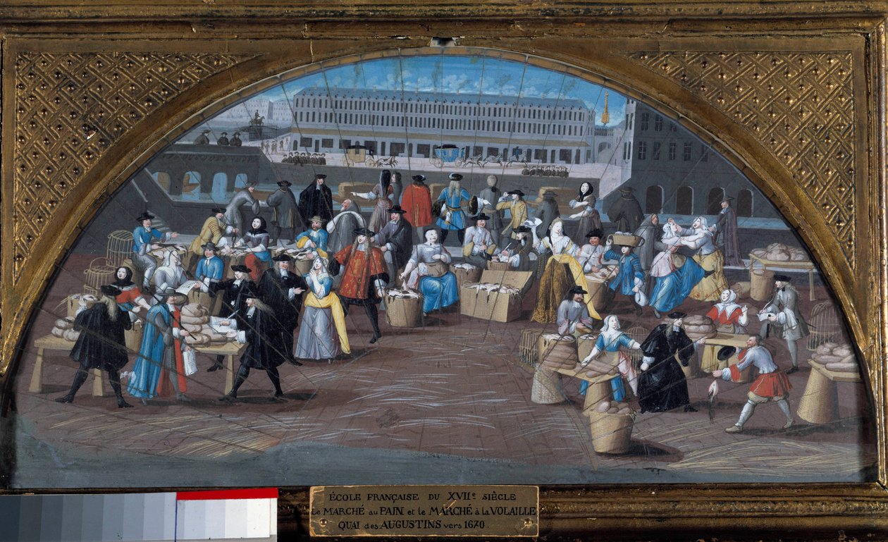 Marsz chlebowy i marsz drobiu na Quai des Augustins około 1670 r. Obraz Szkoły Francuskiej XVII wiek. Paryż, Muzeum Carnavalet autorstwa French School