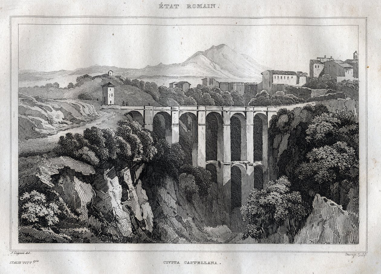 Most ma podwójne arkady - CIVITA CASTELLANA - Prowincja Viterbo - Włochy - Rycina z „” Malownicze Włochy” – Historyczne i opisowe malarstwo Włoch”” autorstwa M. de Norvins, Ch. Nodier 1834-1836. autorstwa French School