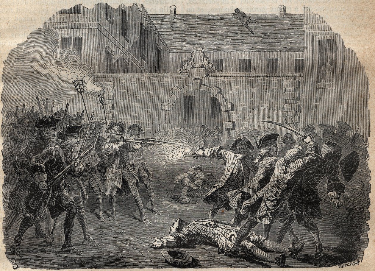 Zbójnik Louis Dominique Garthausen dit Cartridge (1693-1721) i jego towarzysze udający się na desuitalizację hotelu Desmaretz w Paryżu, są zaskoczeni i zaatakowani przez łuczników po zaciętej walce, uciekają przez dachy - francuski bandyta Louis Domini autorstwa French School