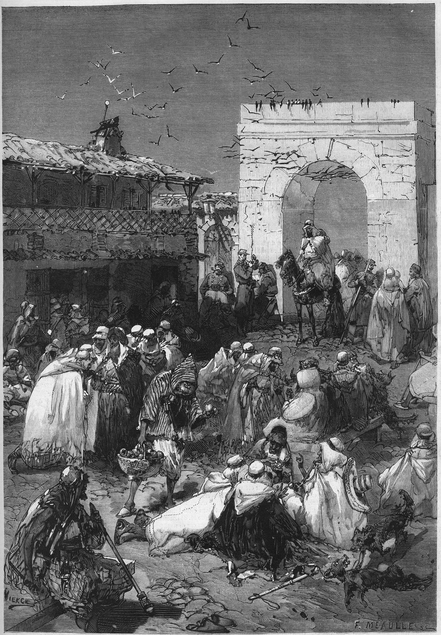 Caidowie i djemmy z kręgu Saida w Algierii przynoszą do urzędu arabskiego dary przeznaczone na odkupienie francuskich departamentów okupowanych przez Niemcy od końca wojny 1870 r. Grawer „” Le Monde Illustré” nr 784 z 20 Kwiecień 1872. autorstwa French School