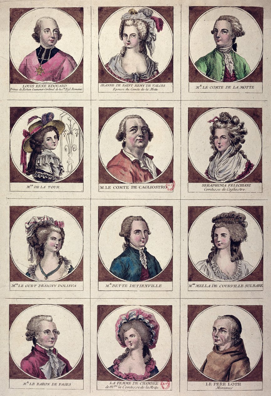 Główni bohaterowie zaangażowani w Aferę Collier de la Reine 17856 autorstwa French School