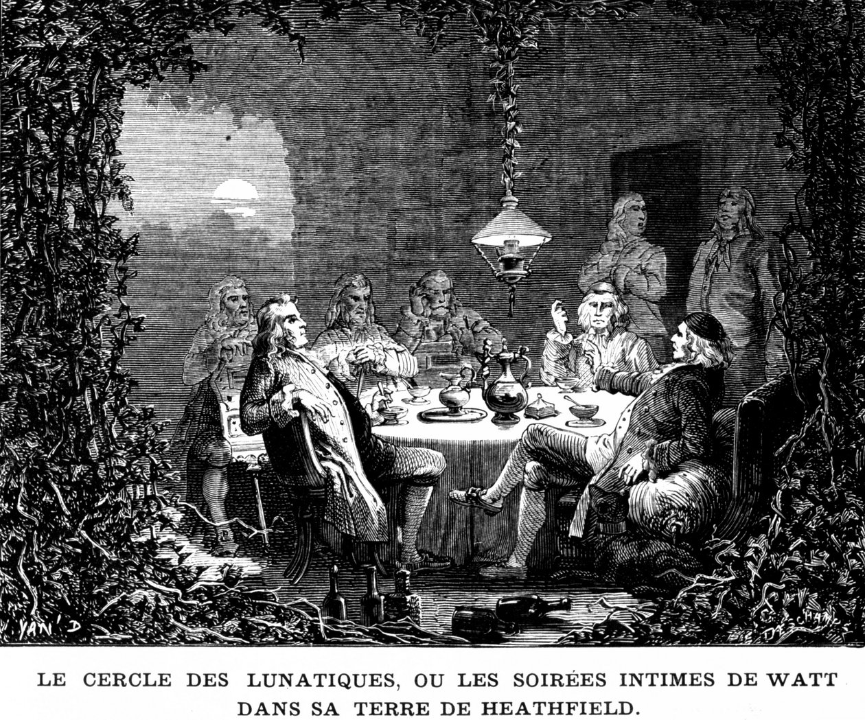 Krąg wariatów, czyli intymne wieczory Watta w krainie Heathfielda - w „Albumie Nauki”; wybitni uczeni; Wielkie odkrycia”” 1896. autorstwa French School