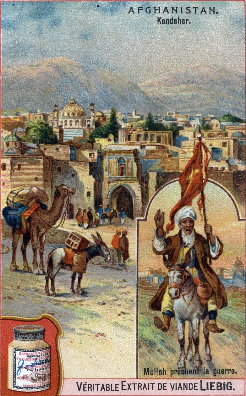 Miasto Kandahar w Afganistanie, gdzie mułła głosi wojnę. Chromolitografia reklamowa XIX wieku. autorstwa French School