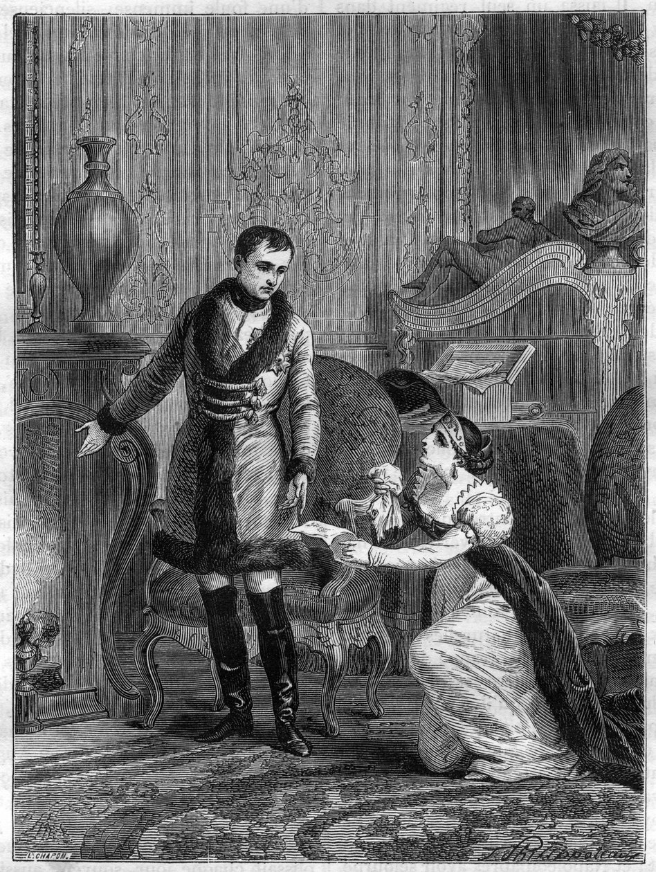 Łaskawość cesarza Napoleona I (1769-1821) dla księżnej Hatzfeld, która przybyła prosić o ułaskawienie dla swojego męża księcia Hatzfelda oskarżonego o zdradę stanu 28 października 1806 r. - łaska cesarza Napoleona I (1769-1821) wobec księżniczka Hatzfel autorstwa French School