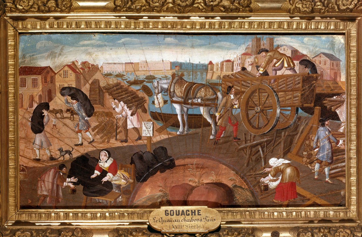 Dok węglowy w Paryżu Scena handlu węglem na ulicach Paryża. Anonimowe malowanie wachlarzowe Szkoły Francuskiej z XVII wieku. Reims, Musee Saint Denis autorstwa French School