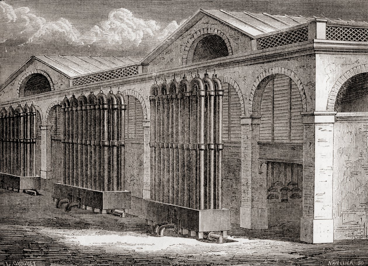 Instalacja skraplacza gazu węglowego w La Villette, Paryż, Francja w XIX wieku, z „Les Merveilles de la Science”, opublikowana ok. 1870 (rycina) autorstwa French School