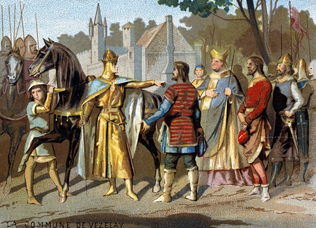 Gmina Vezelay (1153): Abbe Pons, hrabia Nevers i sędziowie Vezelay przed Ludwikiem VII w Moret, w pobliżu lasu Fontainebleau, decydując o zniknięciu gminy. Chromolitografia serii „Edukacja patriotyczna” autorstwa French School
