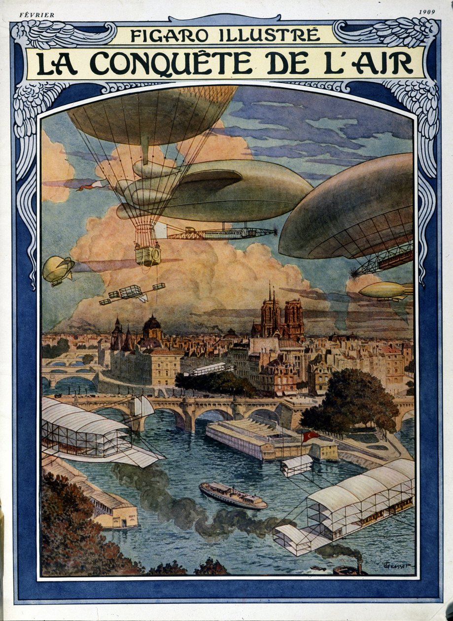 Podbój powietrza: sterowiec, balon i balon na ogrzane powietrze nad Paryżem - okładka w Figaro Illustrated z lutego 1909 r. autorstwa French School