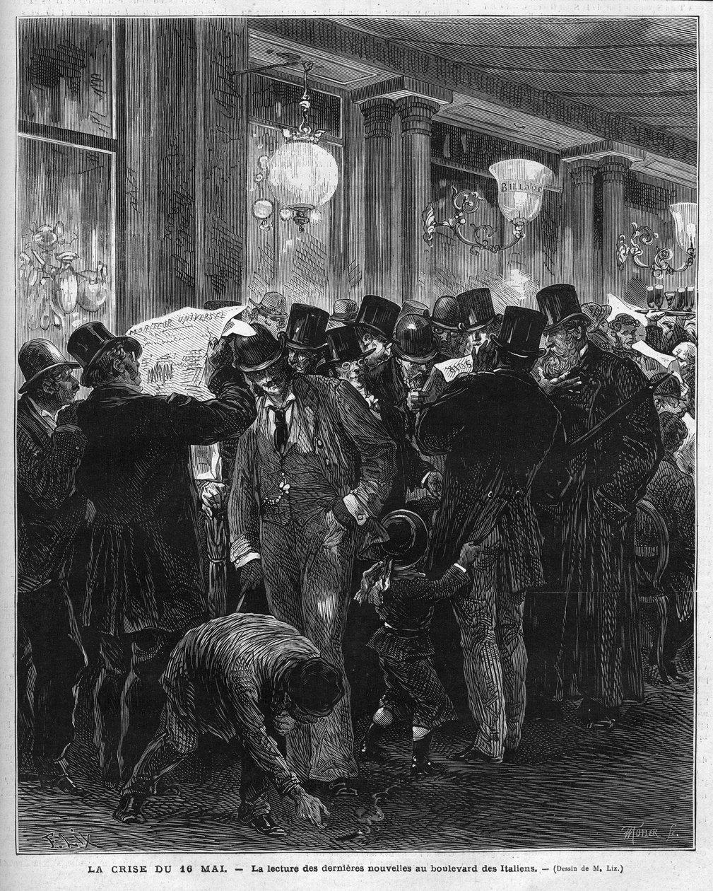 Kryzys 16 maja 1877 r.: czytanie najnowszych wiadomości na bulwarze Włochów w Paryżu. Ten francuski kryzys polityczny jest wynikiem listu Mac Mahona (Mac-Mahon) krytykującego postawę przewodniczącego Rady Julesa Simona, który ostatecznie autorstwa French School