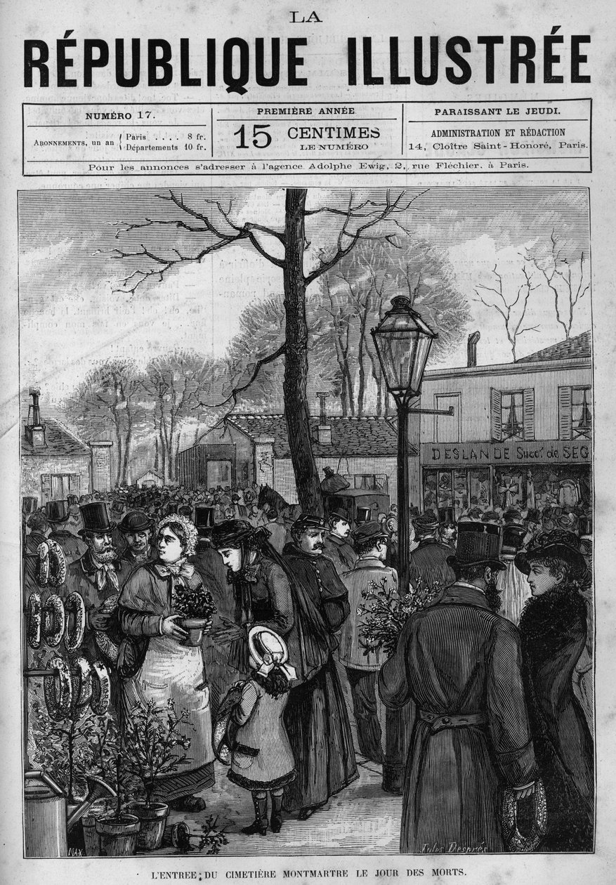Tłum przed wejściem na cmentarz Montmartre w Paryżu w dniu zmarłych (Toussaint). Gazeta. Rycina z 1880 r. w prywatnej kolekcji „La republique illustree”. autorstwa French School