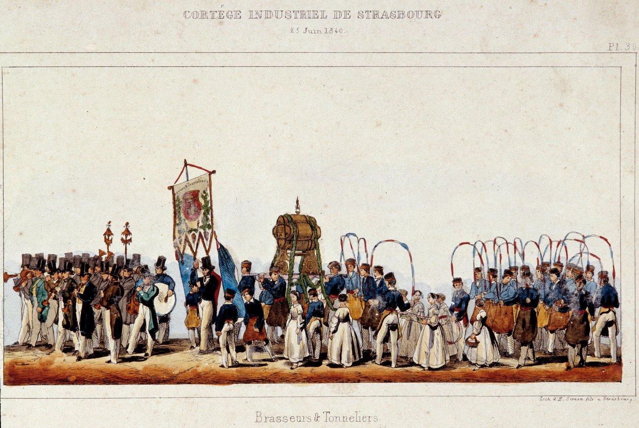 Taniec piwowarów i bednarzy podczas konduktu przemysłowego w Strasburgu 25.06.1840. Litografia Szymona autorstwa French School