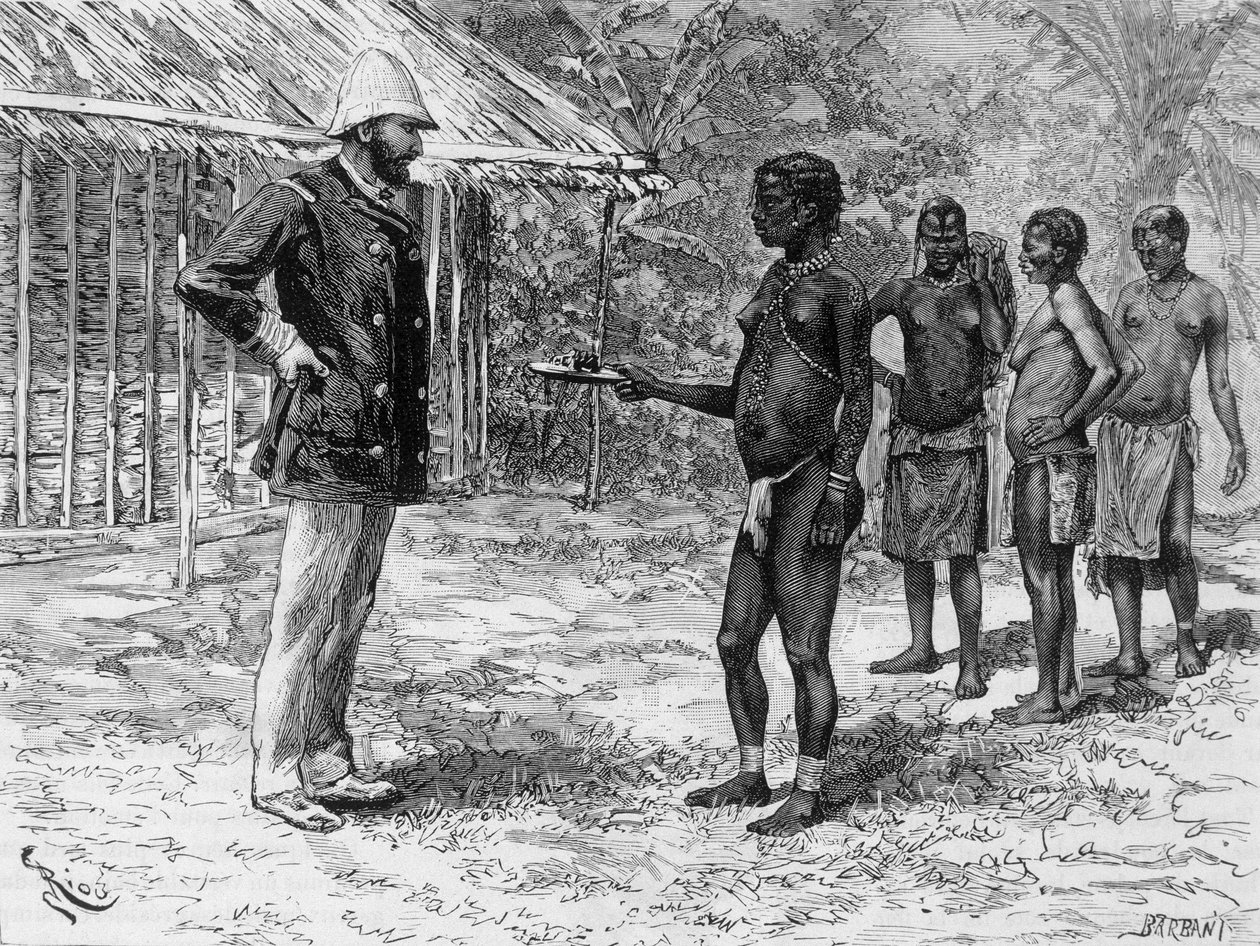 Córka Libossiego przedstawia panu de Brazza potrawę z gąsienic - w „Tour du Monde”, 2 tydzień 1888 autorstwa French School