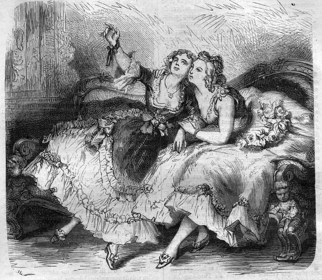 Córki „haremu” króla Francji Ludwika XV dit le Bien-Aime (Bien Aime) (1710-1774). Grawer w „Historii papieży-królów-królowych i cesarzy na przestrzeni wieków” autorstwa Maurice Lachatre autorstwa French School