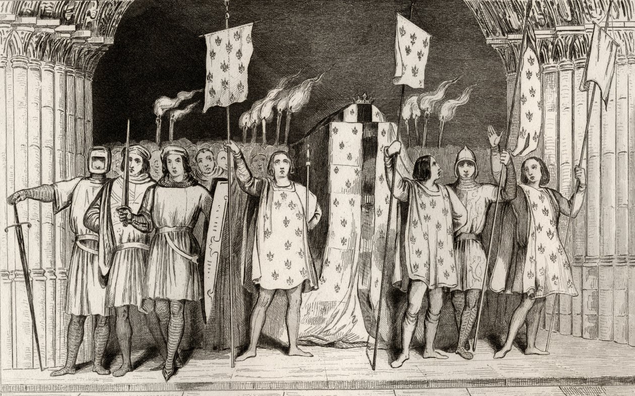 Martwe niemowlę Jean I (1316) pośmiertnie ogłosił królem na swoim pogrzebie, z „Histoire de France” Colarta, wydanej ok. 1840 r. autorstwa French School