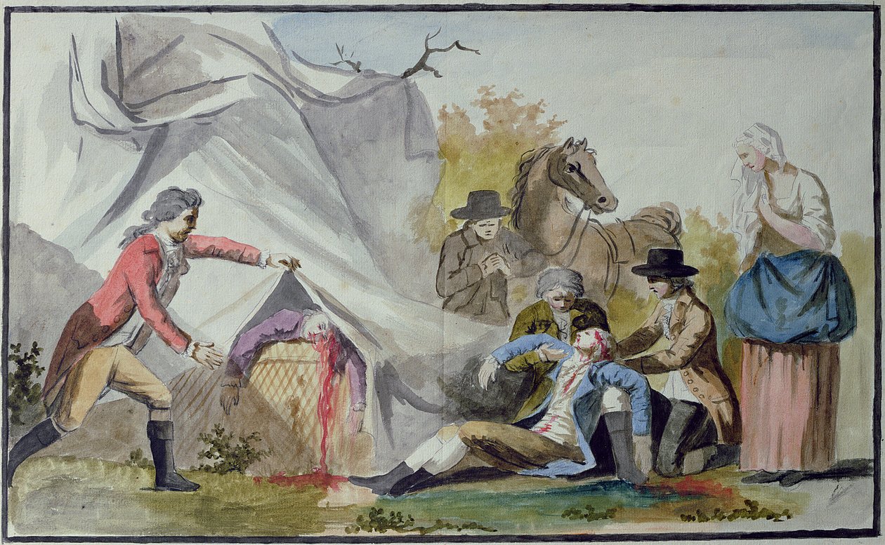 Śmierć Francois Pilatre de Rozier (1754-85) pod Boulogne 15 czerwca 1785 po próbie przekroczenia kanału w balonie Mongolfiere autorstwa French School