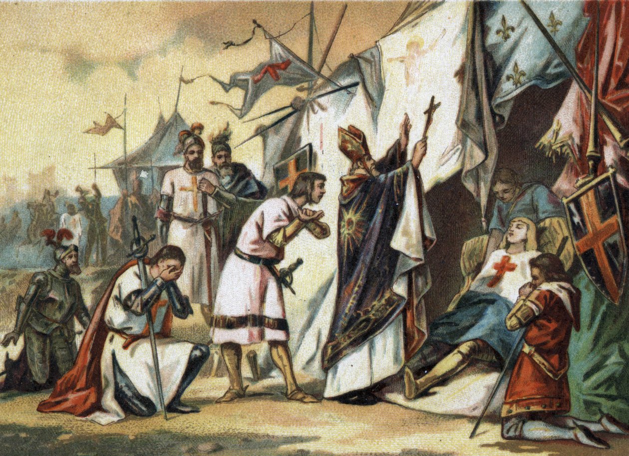 Śmierć św. Ludwika (Ludwika IX) (1214/1215-1270) w Tunisie. Chromolitografia z końca XIX wieku autorstwa French School
