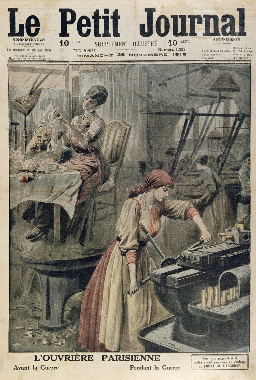 Różne rodzaje pracy dla paryskich kobiet przed i podczas I wojny światowej, ilustracja na okładce Le Petit Journal, 26 listopada 1916 autorstwa French School