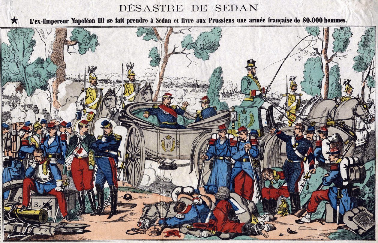 Katastrofa Sedanu; Były cesarz Napoleon III zostaje złapany w Sedanie i dostarcza Prusom 80-tysięczną armię francuską, obraz XIX-wiecznego kręgosłupa. autorstwa French School