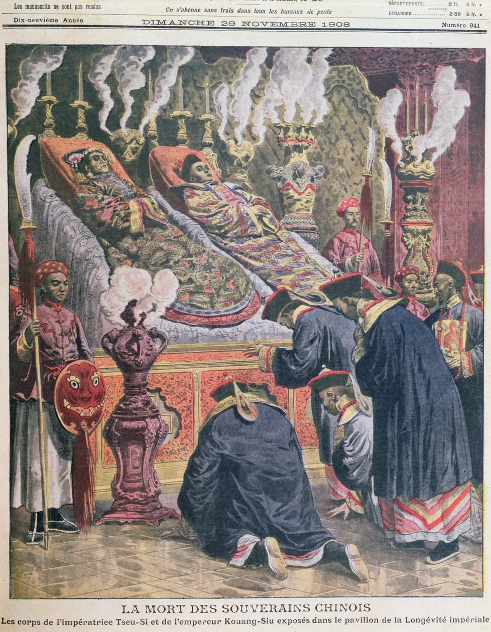 Wystawa ciał cesarza Kouang-Siu (1872-1908) i jego ciotki cesarzowej Tseu-Hi (1835-1908) w pawilonie cesarskiej długowieczności, ilustracja z Le Petit Journal 1908 (kolor lit autorstwa French School