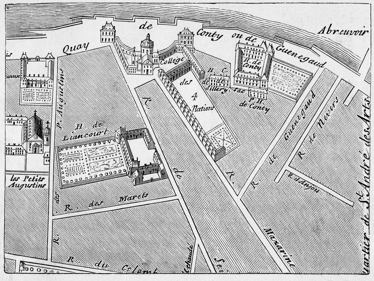 Dzielnica College des Quatre Nations (Cztery Narody) i hotel Conti-Fac-Simile w planie J. de la Caille autorstwa French School