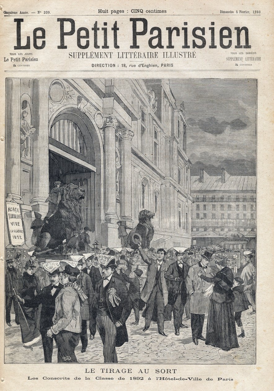 Losowanie: poborowi klasy 1892 w paryskim ratuszu. Jedna z gazet „Le petit Parisien”” z dnia 5.02.1893 (rycina) autorstwa French School