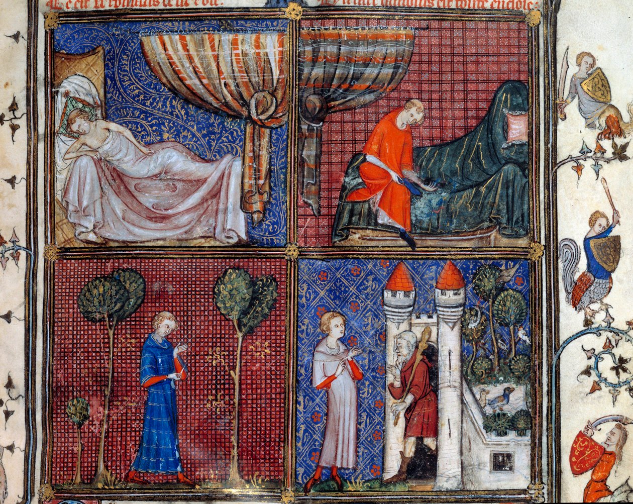 Sen: Śpiący Kochanek, ubierający się, szyjący koszulę i Przed Domem Przyjemności. Miniatura w „”Roman de la rose”” Jean de Meun, Jean de Meung lub Jean Chopinel, Jean Clopinel (v.1240-1305), ok. 1370. Chantilly, Musee Conde autorstwa French School